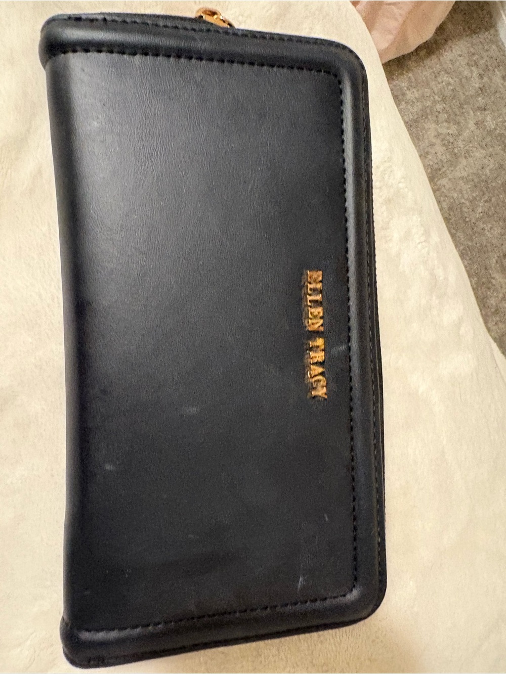 Ellen Tracy Black Leather Zip-Around Wallet with Gold Hardware